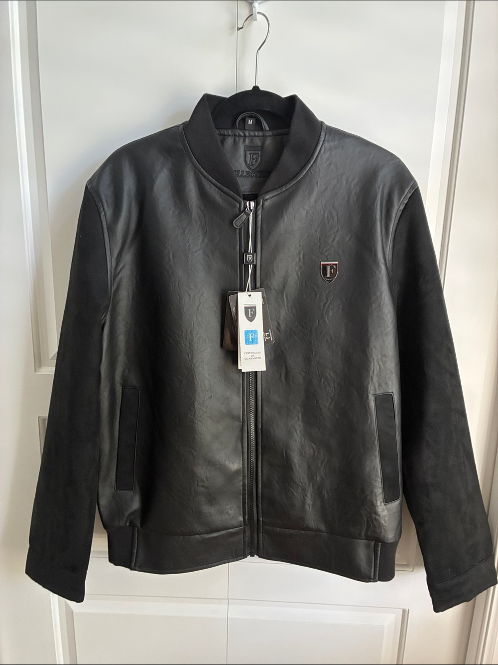 Ferrari F Collection Black Vegan Leather Bomber Jacket with Logo- Med